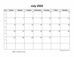 Download July 2025 Blank Calendar with US Holidays (horizontal)