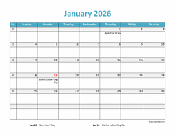Free Download 2026 Excel Calendar large boxes in the grid (horizontal)