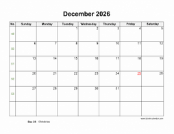 Download December 2026 Blank Calendar with US Holidays (horizontal)