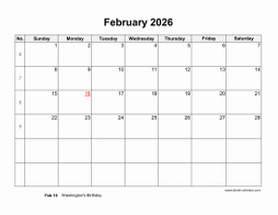 Download February 2026 Blank Calendar with US Holidays (horizontal)