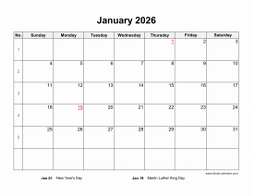 Download January 2026 Blank Calendar with US Holidays (horizontal)