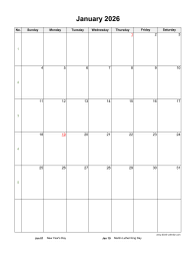 Download January 2026 Blank Calendar with US Holidays (horizontal)