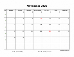 Download November 2026 Blank Calendar with US Holidays (horizontal)