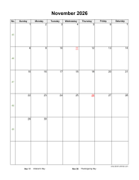 Download November 2026 Blank Calendar with US Holidays (vertical)