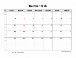 Download October 2026 Blank Calendar with US Holidays (vertical)