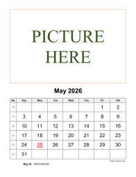 Free Download Printable May 2026 Calendar, pictures can be placed at the top