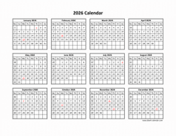 Free Download Printable Calendar 2026 in one page, clean design.