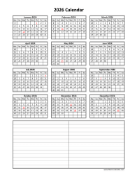 Download Blank Calendar 2026 with Space for Notes (12 months on one page, vertical)