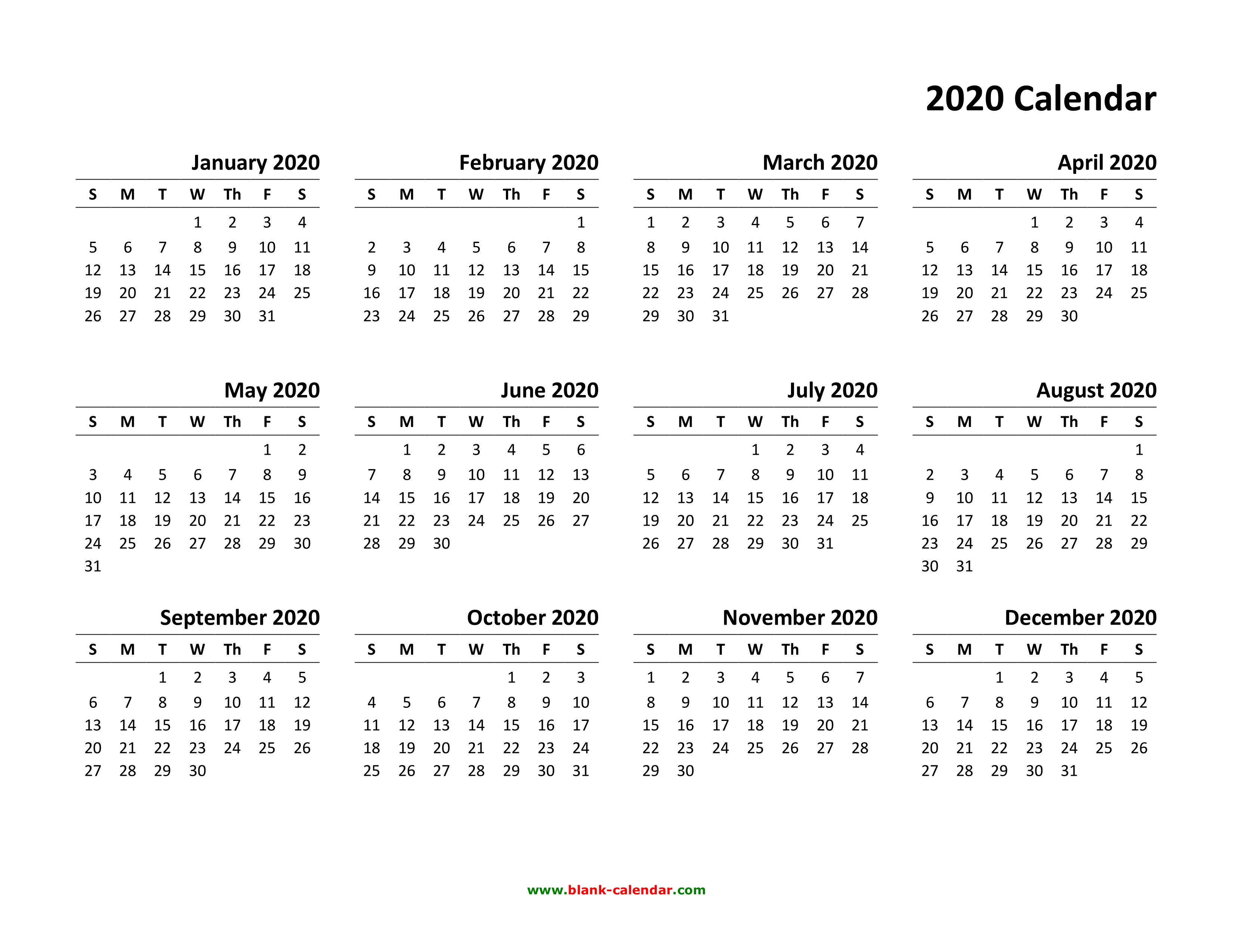 2020 Yearly Calendar Printable - Printable World Holiday