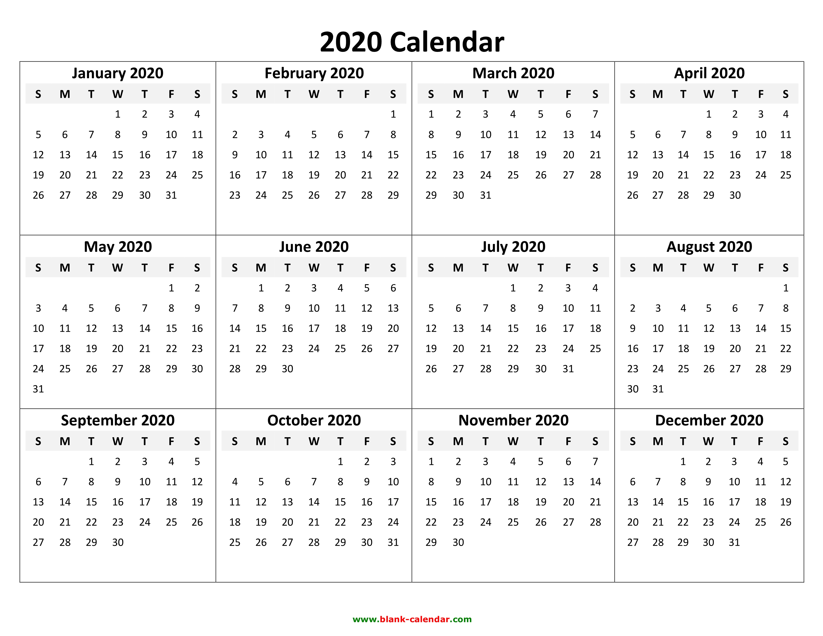 Yearly Calendar 2020 Free Download And Print 9236
