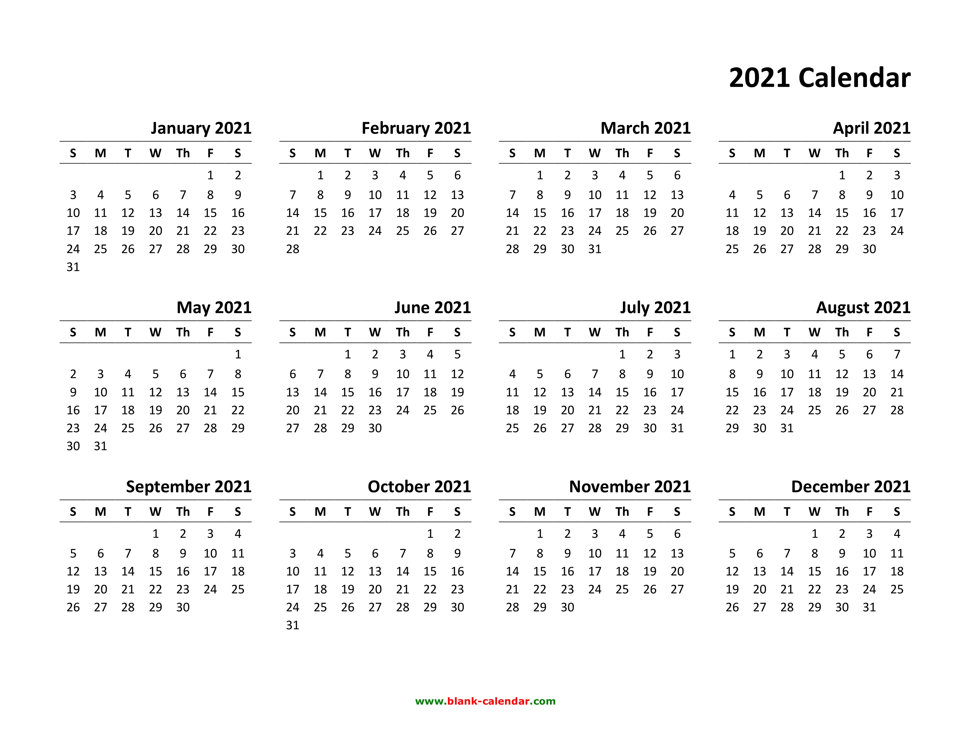 Yearly Calendar 2021 Free Download And Print