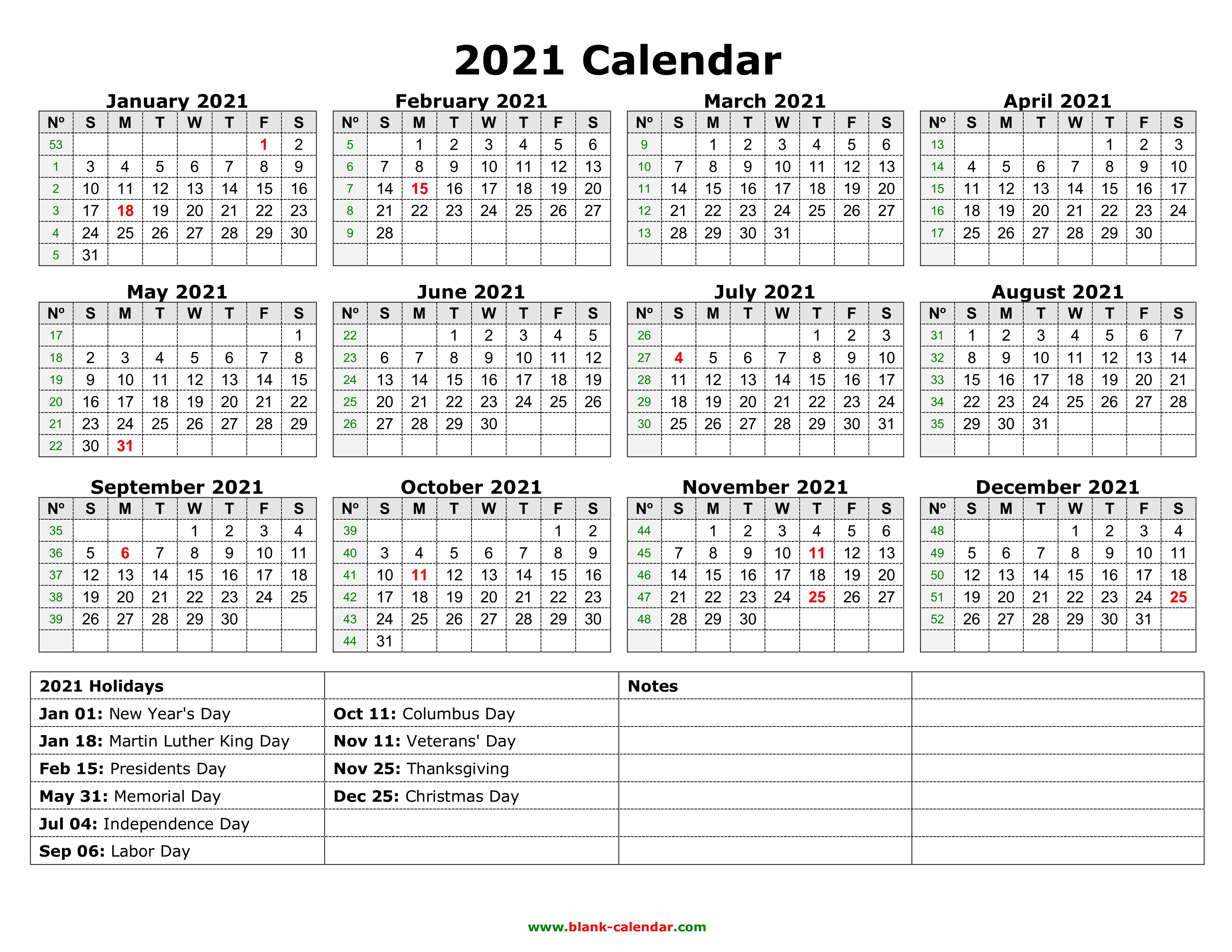 Blank 2021 Calendar Customize and Print