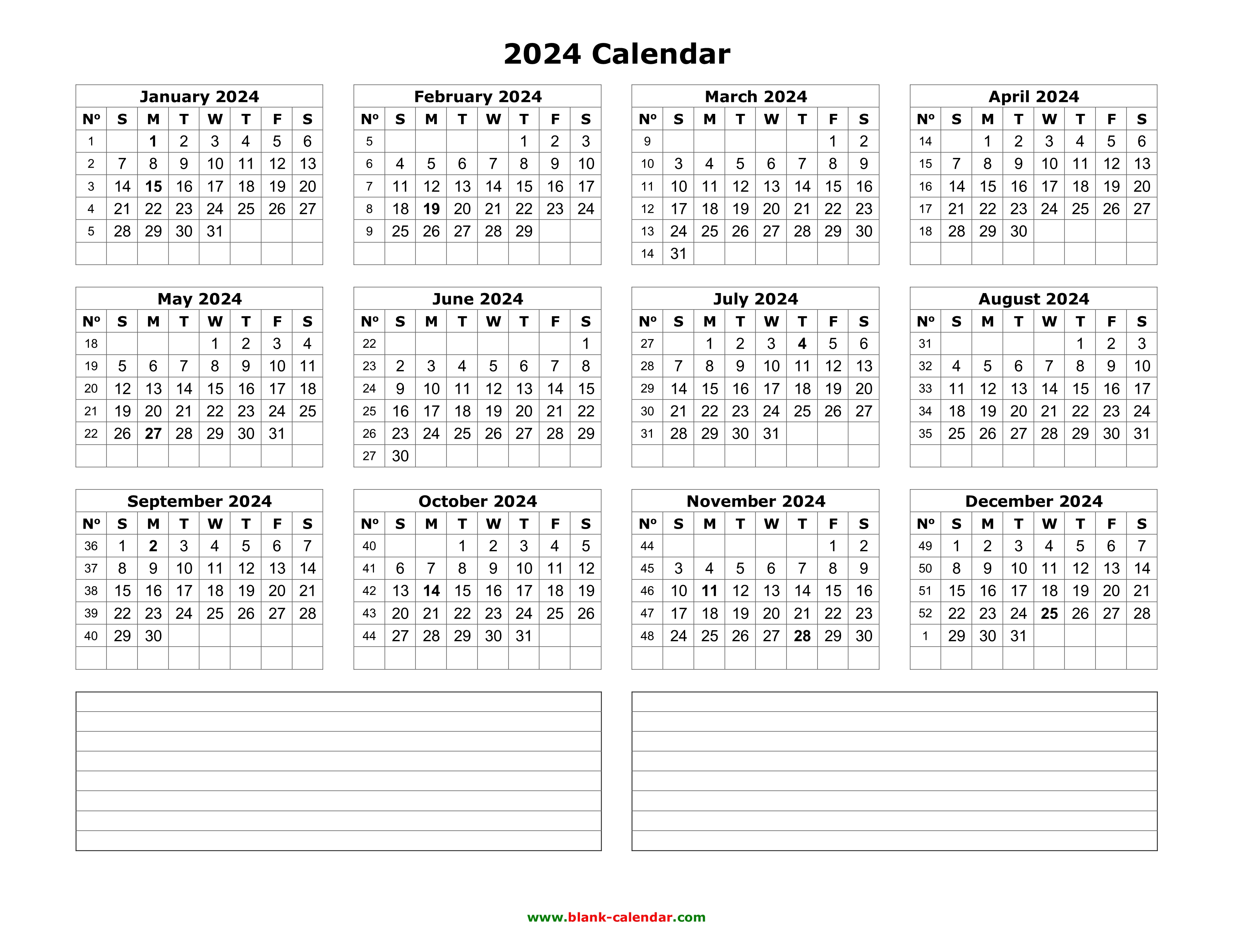 2024 Yearly Calendar Notes Blank Landscape 